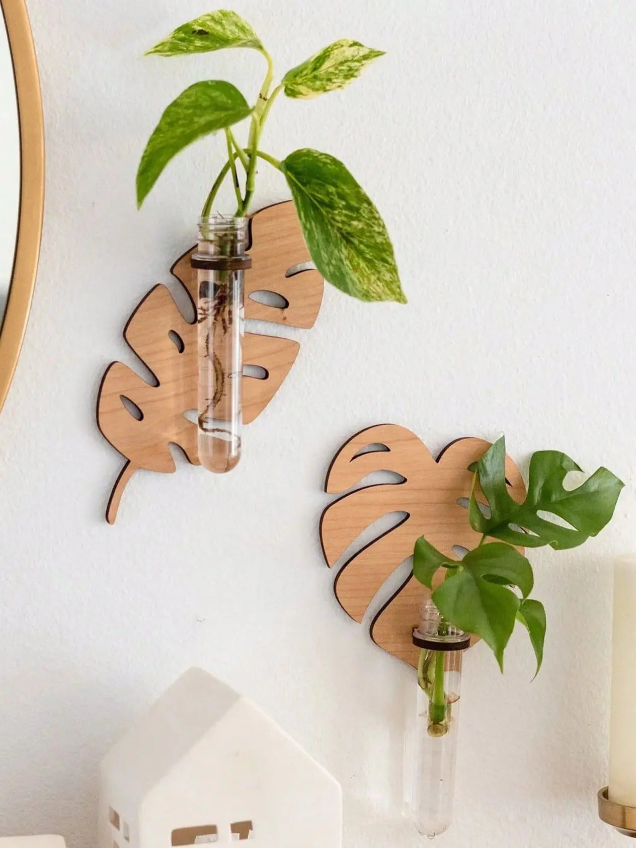 LeafCraft Wandvasen | Dekorative Pflanzenhalter | Handgefertigtes Holz & Reagenzglas