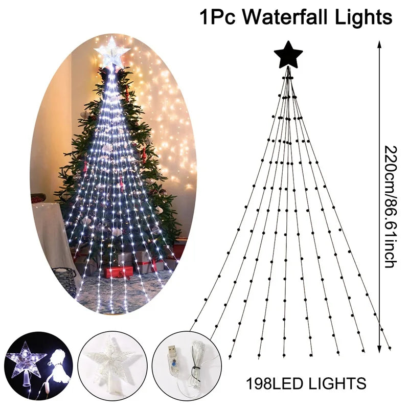 LED Stern Wasserfall StellaCascade | 198 LEDs | 2,2 m | Warmweiß / Weiß / Mehrfarbig | USB- und Batteriebetrieben | Weihnachts- & Silvesterdekoration
