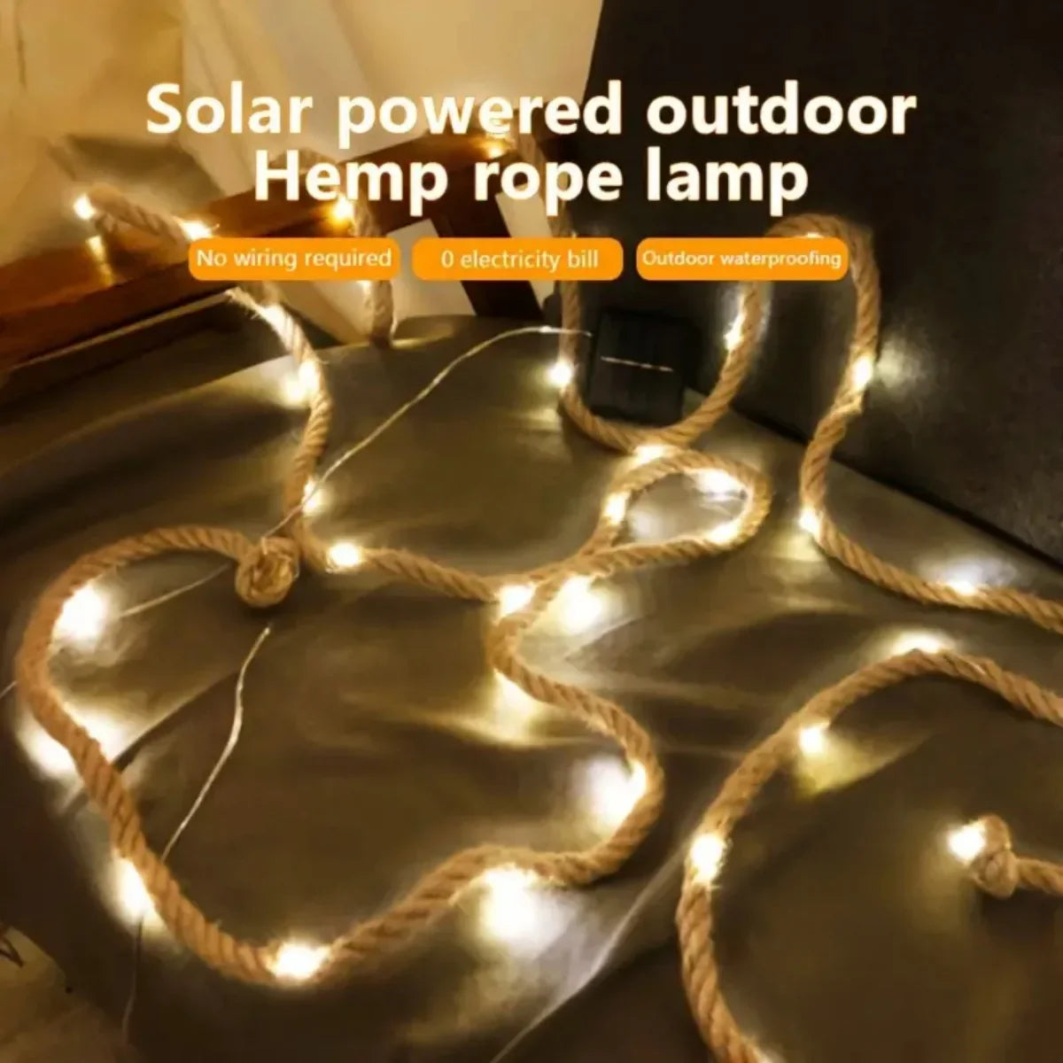 SolarGleam RopeLight | Solar Lichterkette | Retro-Hanfseil | Warmweiß | Für Garten, Balkon & Terrasse