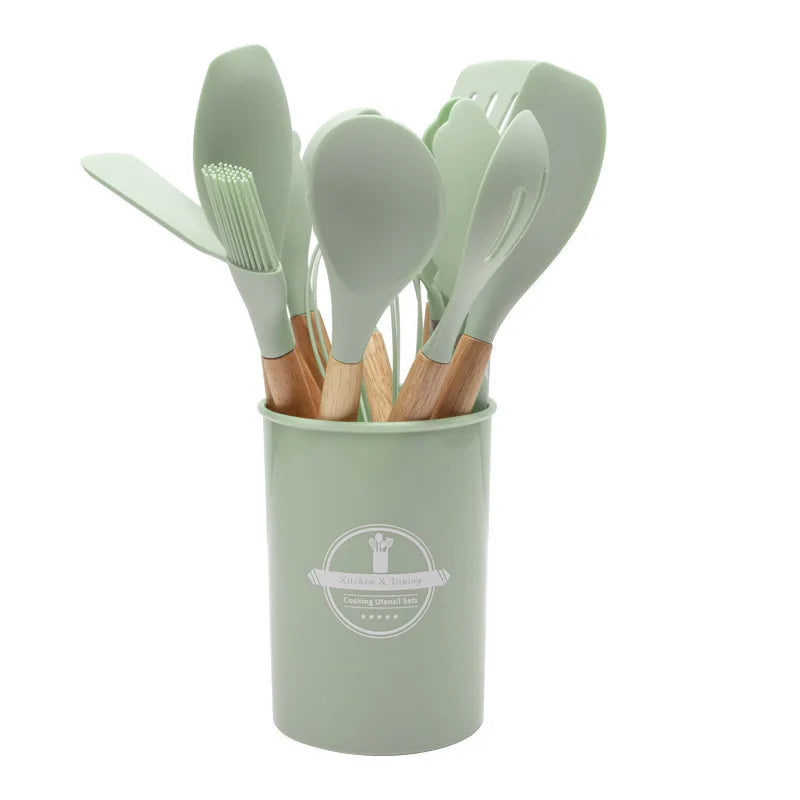 Mistrano | Küchenhelfer-Set | Silikon, Holzgriff, 12-teilig | Für Kochen, Braten & Servieren