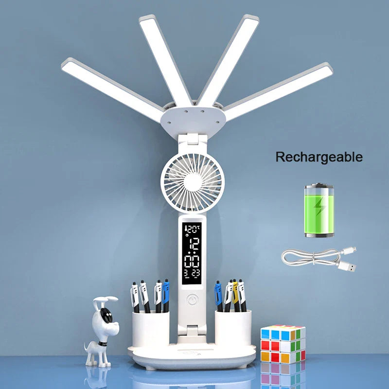 AuraFlex | LED-Tischlampe mit Ventilator | 3-in-1 Design | Touch-Steuerung & USB-Akku