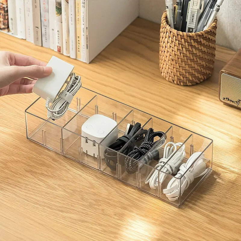 TechSort | Kabelorganizer 7-Fach | Transparentes Design für Ladekabel & Zubehör | 26×5,5×11 cm