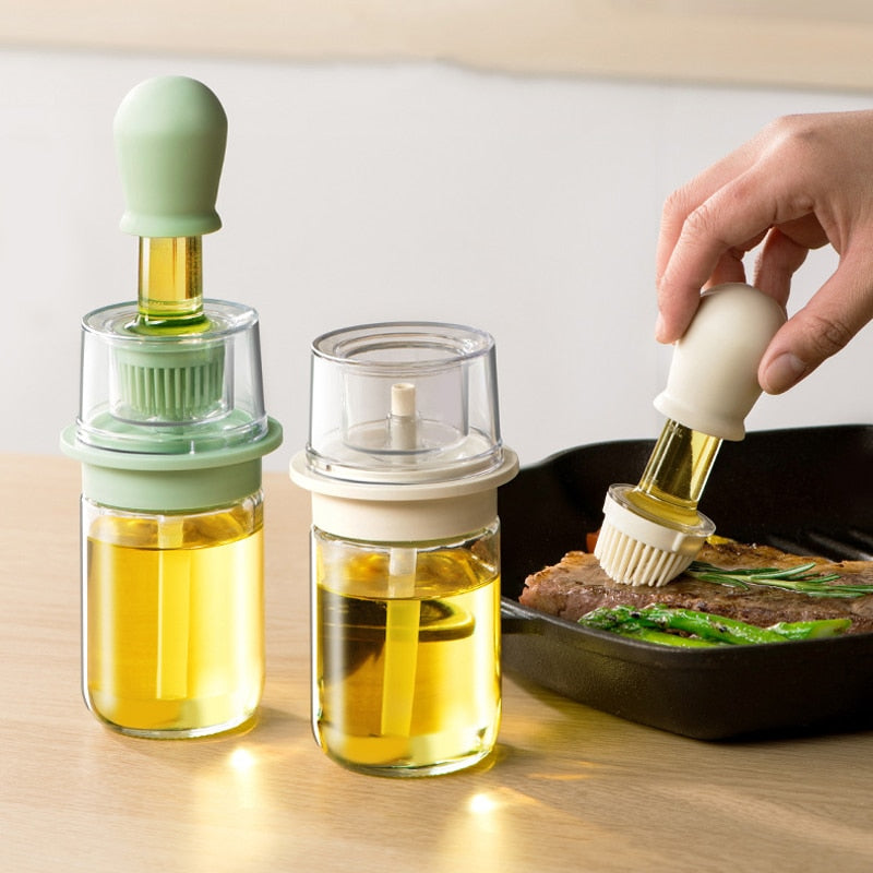 Olivora Ölspender | 2-in-1 Sprühen & Einpinseln | Für gesundes Kochen, Backen & Grillen | Glasflasche mit Silikonpinsel