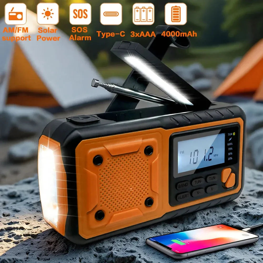 ResQPower | 4-in-1 Solar-Notfallradio | Mit SOS-Alarm, LED-Licht & Powerbank | USB, Handkurbel & Solar aufladbar