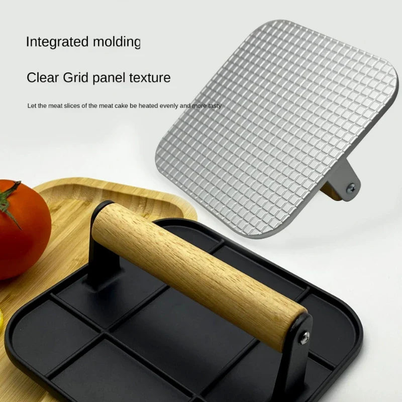 GrillCraft Burgerpresse | Runde & Quadratische Form | Antihaft | Eichenholzgriff