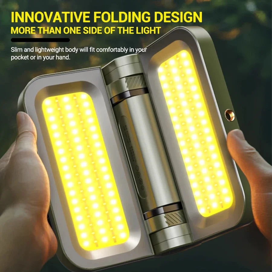 LumiPro | LED-Campinglampe | 2000 Lumen Flutlicht | Solar & USB-C Ladeoptionen