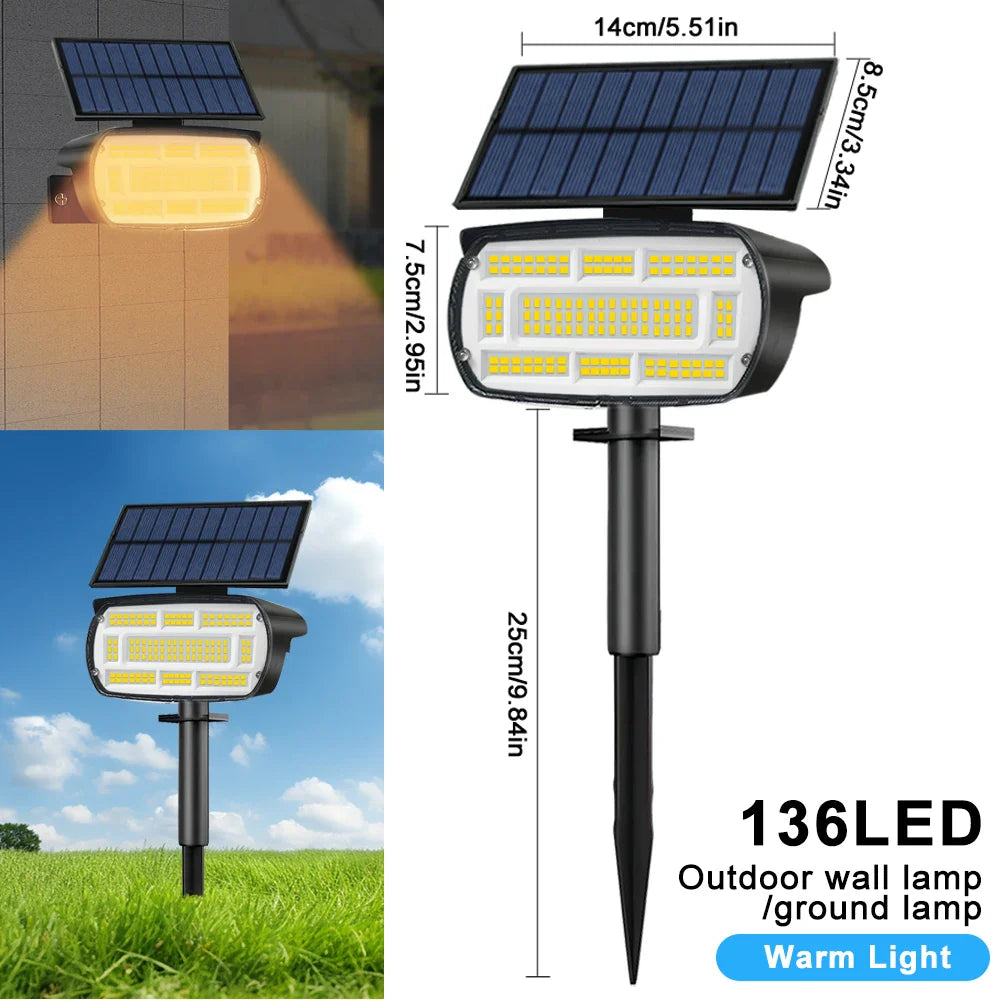 Solantra Solarstrahler | 136 LEDs mit 3 Lichtmodi | IP65 Wetterfest & Solarbetrieben | Für Garten, Einfahrt & Wand