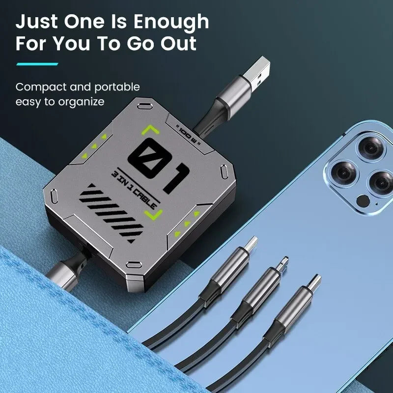 TriConnect Ladekabel | 3-in-1 & Ausziehbar | 100W Schnellladung | Für iPhone & Android