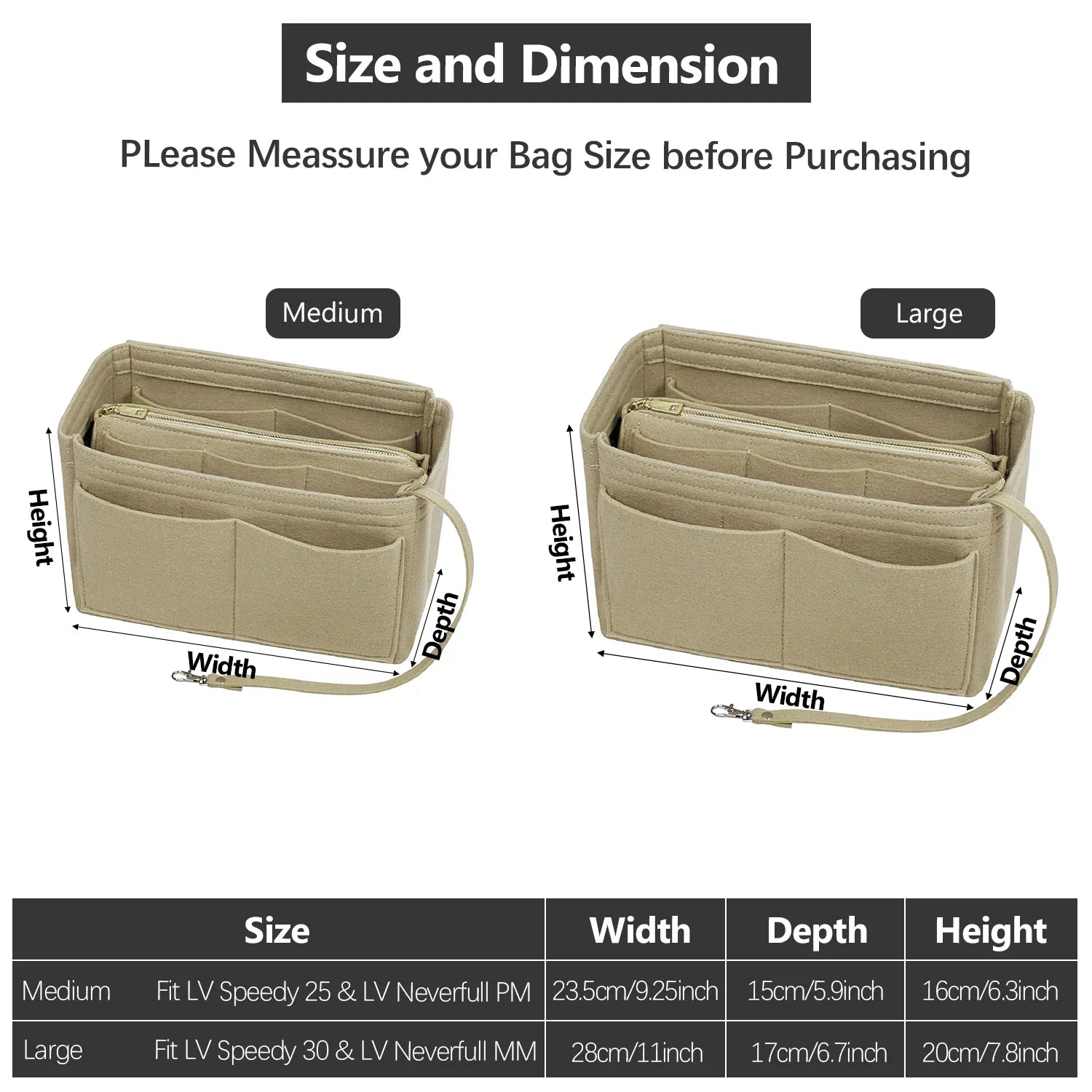 TidyLux | Handtaschen Organizer | 15 Fächer | Filz mit Metallreißverschluss