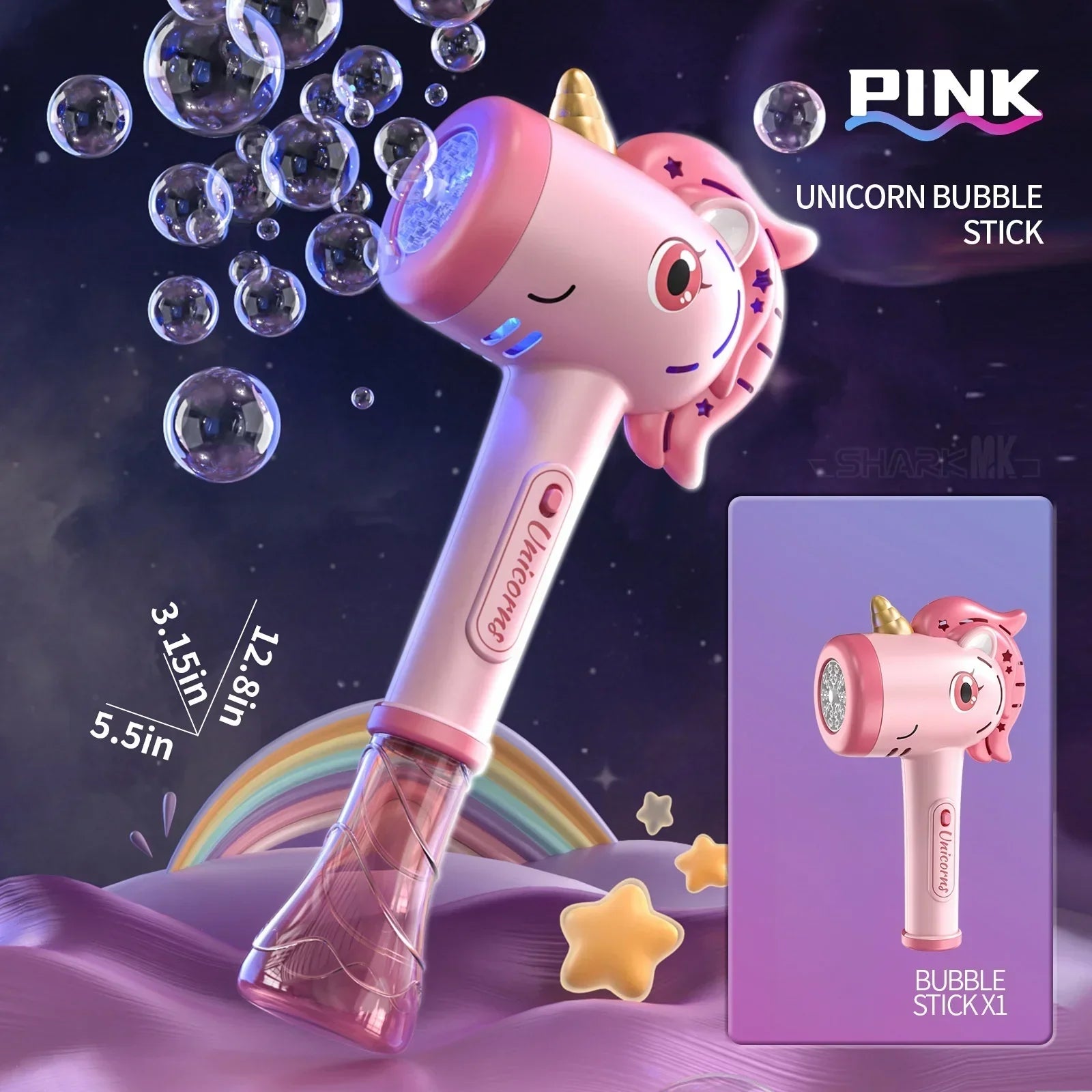 BubbleStar | Automatischer Seifenblasenstab | Mit LED-Lichtern | Unicorn Design