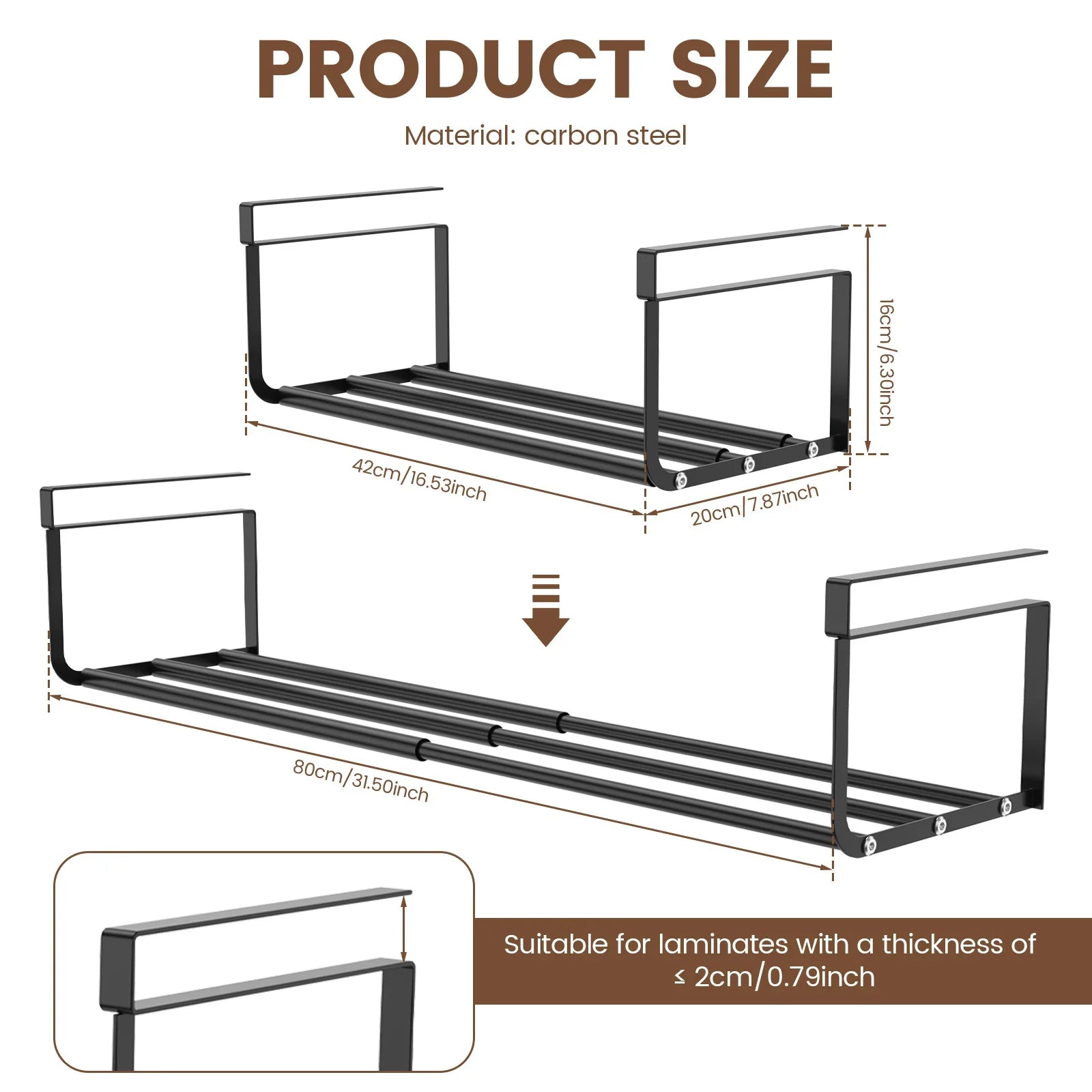 RackMaster | Teleskopisches Hängeregal | Verstellbar 38,5–70,5 cm | Für Küche, Bad & Büro | Robuster Kohlenstoffstahl