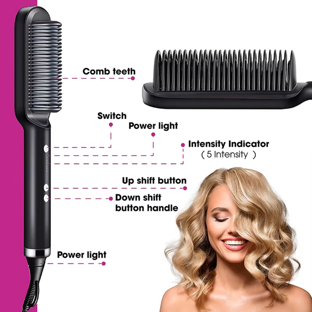 SleekEase | Elektrische Haarglättbürste | 5 Hitzestufen | Schnell Aufgeheizt in 20 Sek. | Anti-Frizz & Kompakt für Reisen