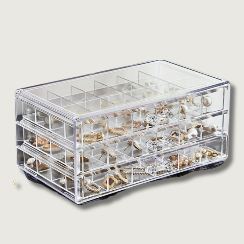Jewelora | Schmuckbox Organizer | 3 Ebenen, 72 Fächer & transparenter Deckel | Ordnung & Schutz für Ringe, Ohrringe & Ketten