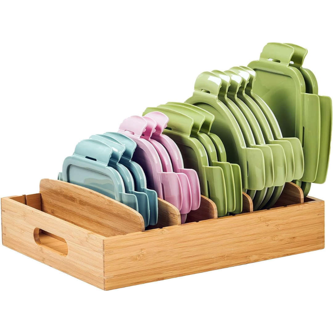 BambooMaster Deckel Organizer | Verstellbare Fächer | Nachhaltig & Platzsparend | Bambus 30x28x9 cm