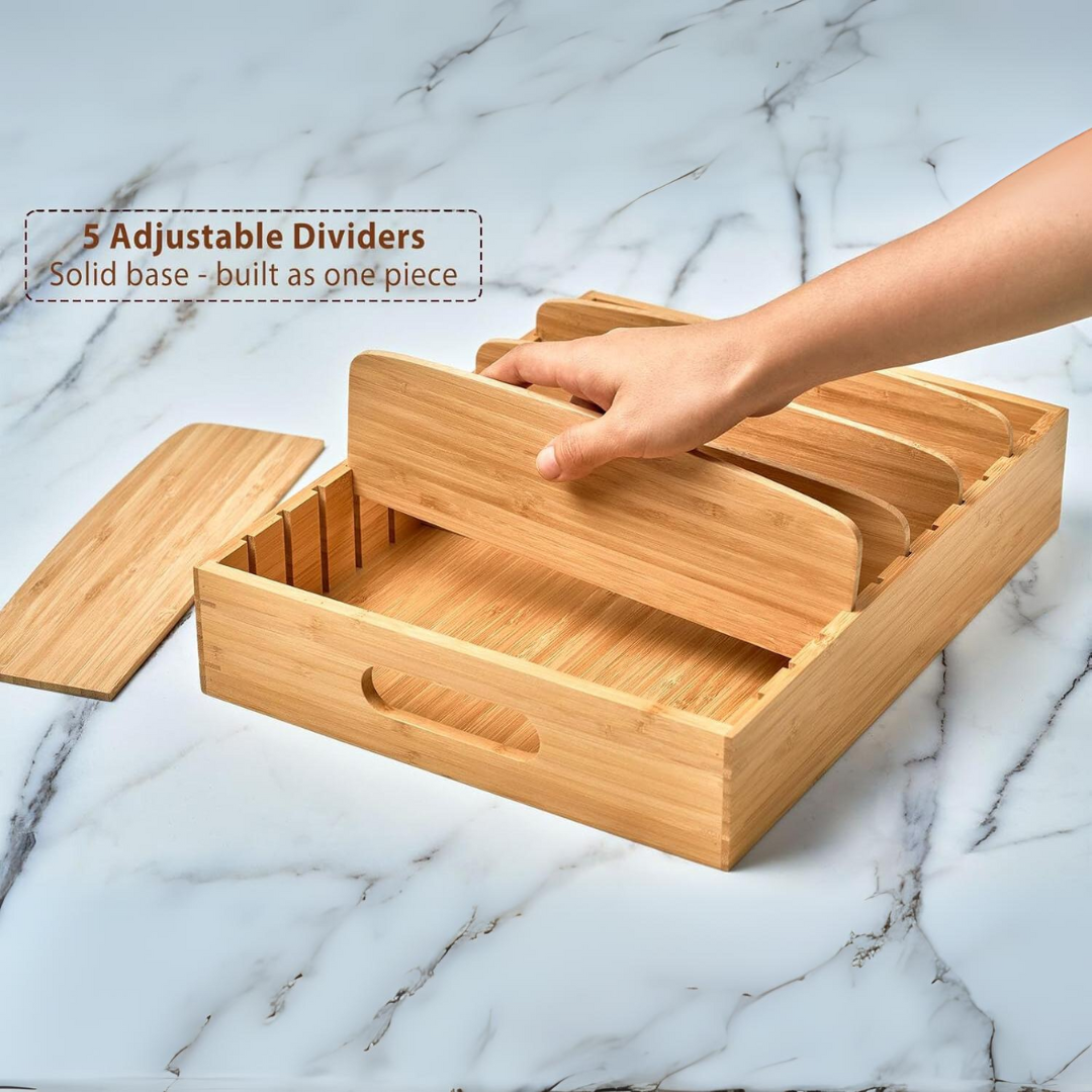 BambooMaster Deckel Organizer | Verstellbare Fächer | Nachhaltig & Platzsparend | Bambus 30x28x9 cm