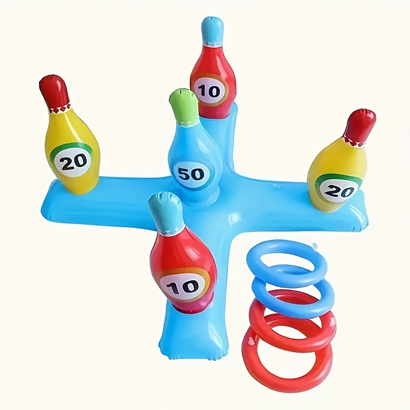 AquaStrike Wasser-Bowlingset | Aufblasbar | Bunte Kegel & Wurfringe | Für Pool & Strand