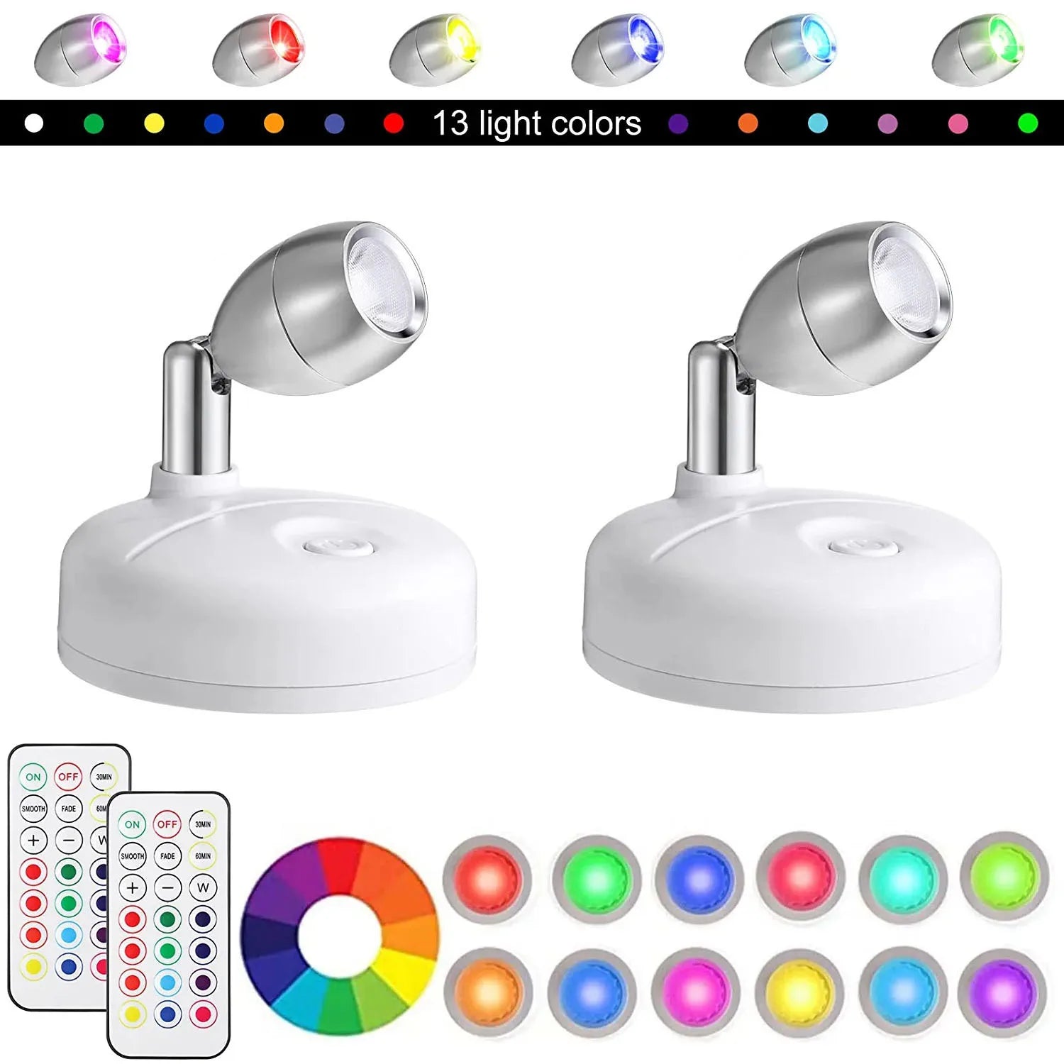 LumiFlex Strahler | 2er-Set kabellose LED-Strahler mit Fernbedienung | RGB Farbwechsel & Timer | Drehbar für Fotos, Schränke & Wände
