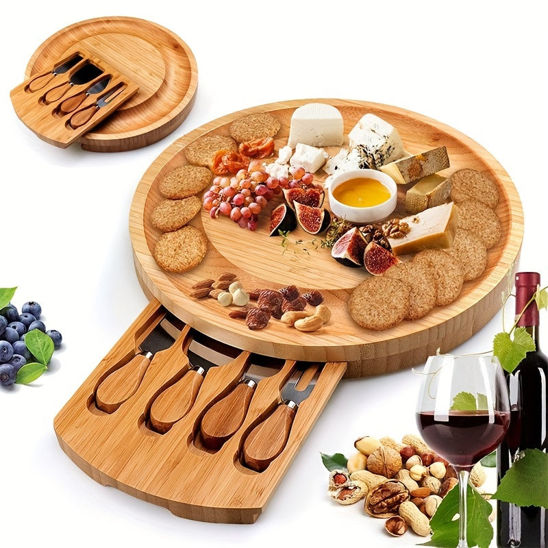 Cheviluna Käseplatte | Rundes Servierbrett aus Bambus | Mit Schublade & Käsemessern | Für Weinabende, Snacks & Antipasti | Nachhaltige Geschenkidee