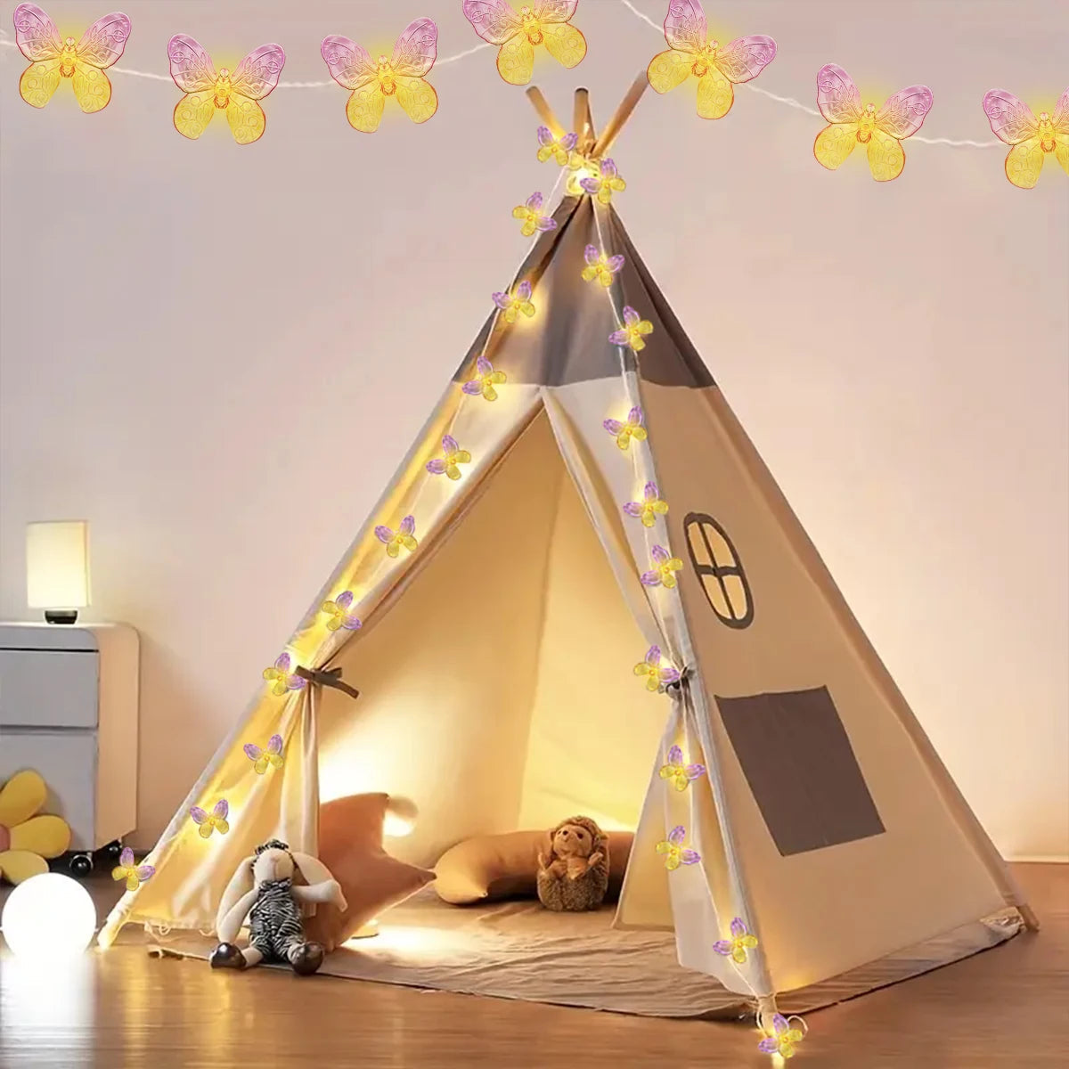 LumiFleur Schmetterlings-Lichterkette | 10 oder 20 LEDs | Pink und Gelb | Romantische Wohn- & Gartendekoration