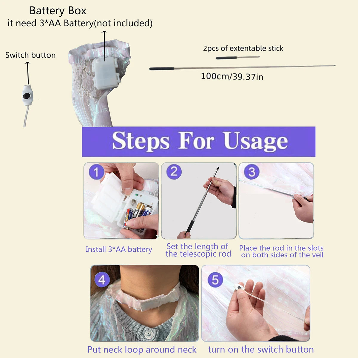 LED-Flügelkostüm LumiWings | Beleuchteter Feenumhang | 140 cm / 110 cm | Inklusive Teleskopstäben & Schalter | Ideal für Bühne, Party & Show