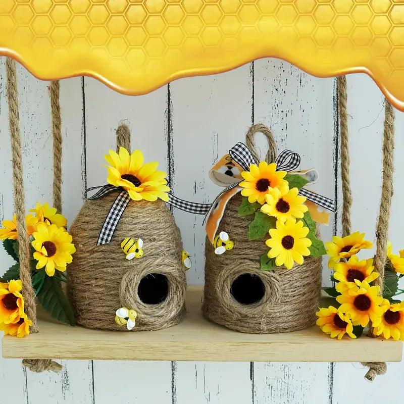 Buzova Hänge-Bienenhaus | Naturdeko mit Sonnenblumen | Aus Hanfseil | Wetterfest