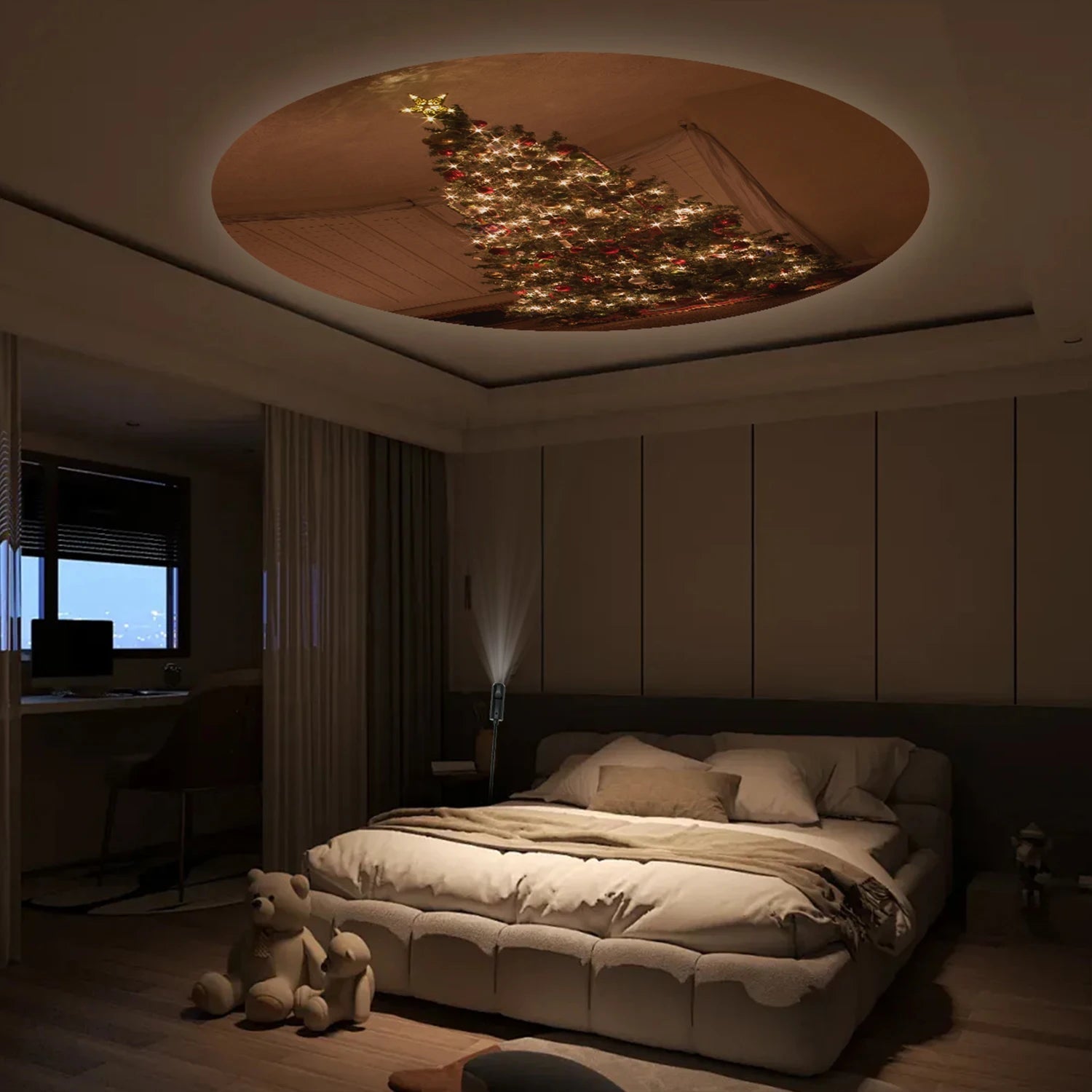 LumiNoël Weihnachtsbaum-Projektorlampe | Zauberhafter LED-Projektor mit Schneeflocken & festlichen Motiven | Festliche Raumbeleuchtung