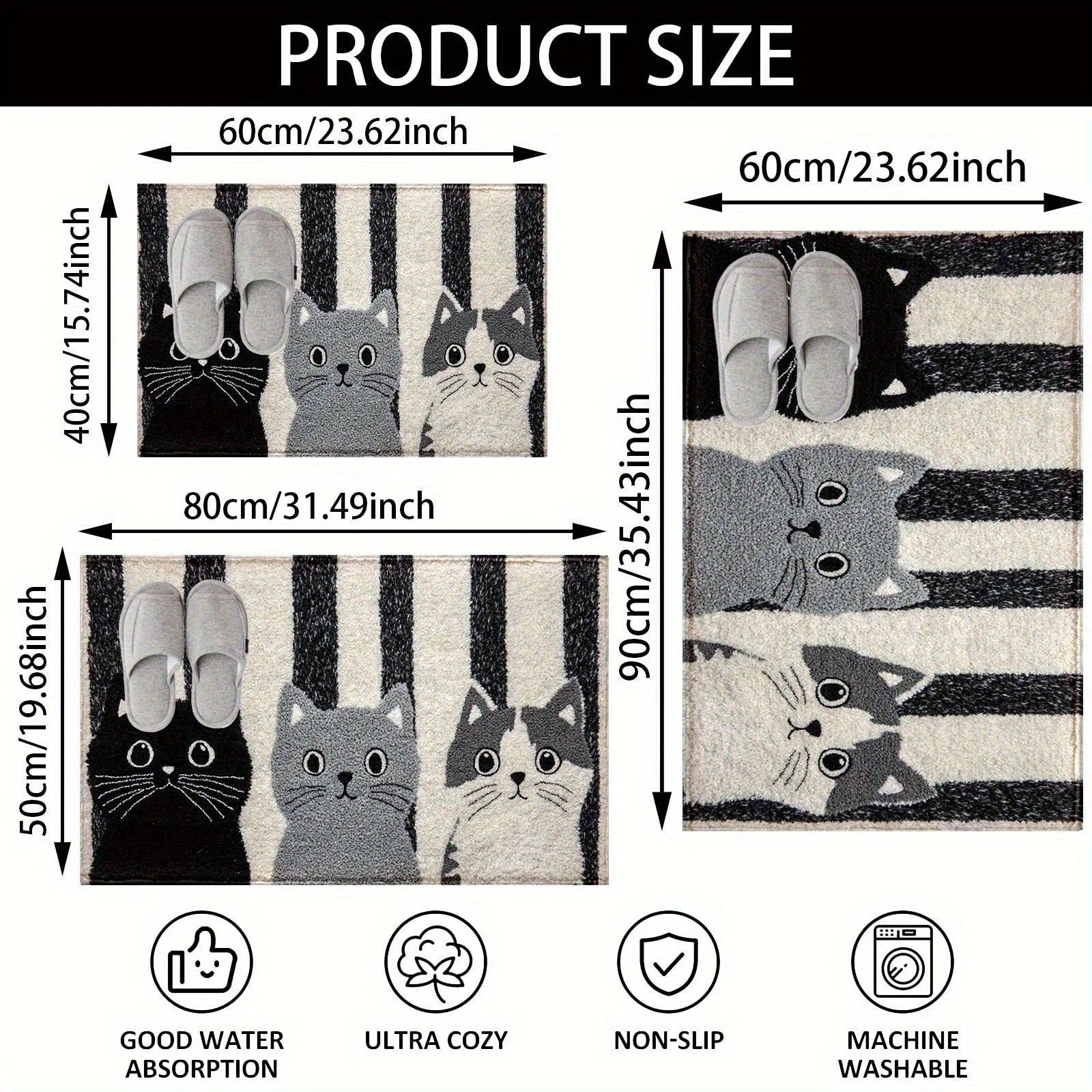 Katzenmatte Miyono | Wasserdicht & Weich | Rutschfeste Fußmatte mit Streifen- und Cartoon-Katzendesign | Ideal für Schlafzimmer, Flur & Wohnzimmer