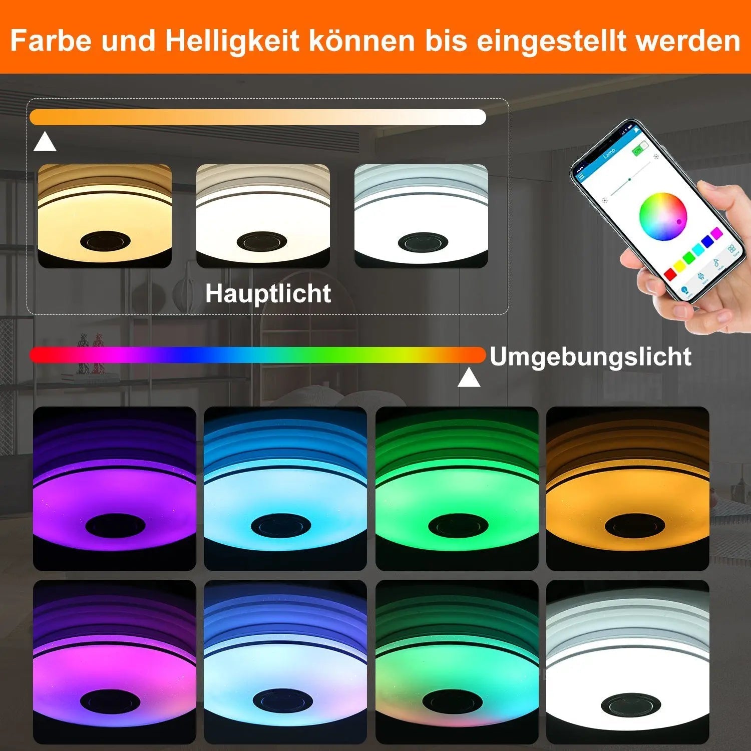 Auralite Smart Deckenleuchte | RGB LED Deckenleuchte | Bluetooth Lautsprecher & Fernbedienung inklusive | Dimmbar mit App-Steuerung | 36W
