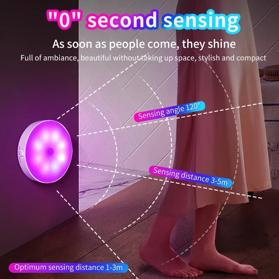 Lumora | Bewegungsaktivierte Nachtlampe | Warmweiß & RGB | Wiederaufladbar, Magnetisch | 120° Erfassungswinkel | Kabellos für Schlafzimmer, Küche, Flur