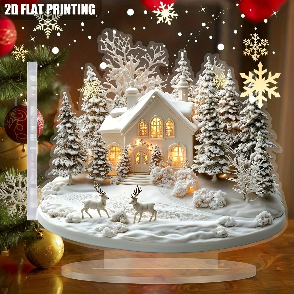 ArcticGlow | Acryl-Weihnachtsschmuck | Schneedorf mit Rentierszene | Flacher 2D-Stil