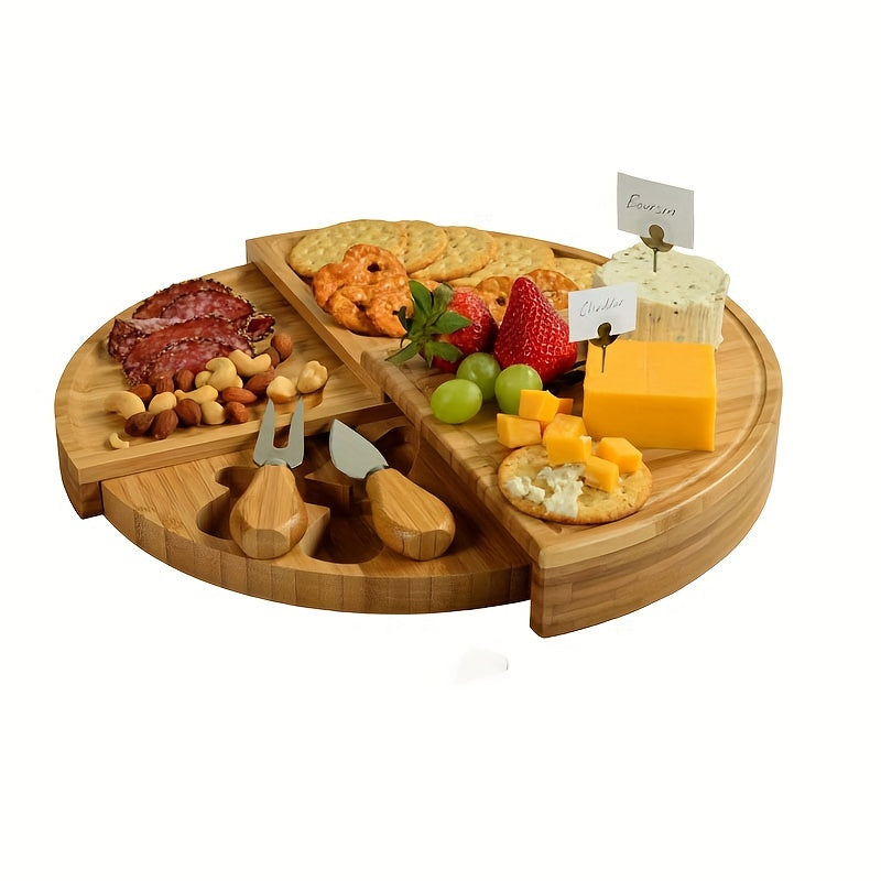 Bamburetta Genussplatte | Runde Käseplatte aus Bambus | Mit Schubladen & Käsebesteck | Für Charcuterie, Snacks & Tapas | Nachhaltiges Servierbrett