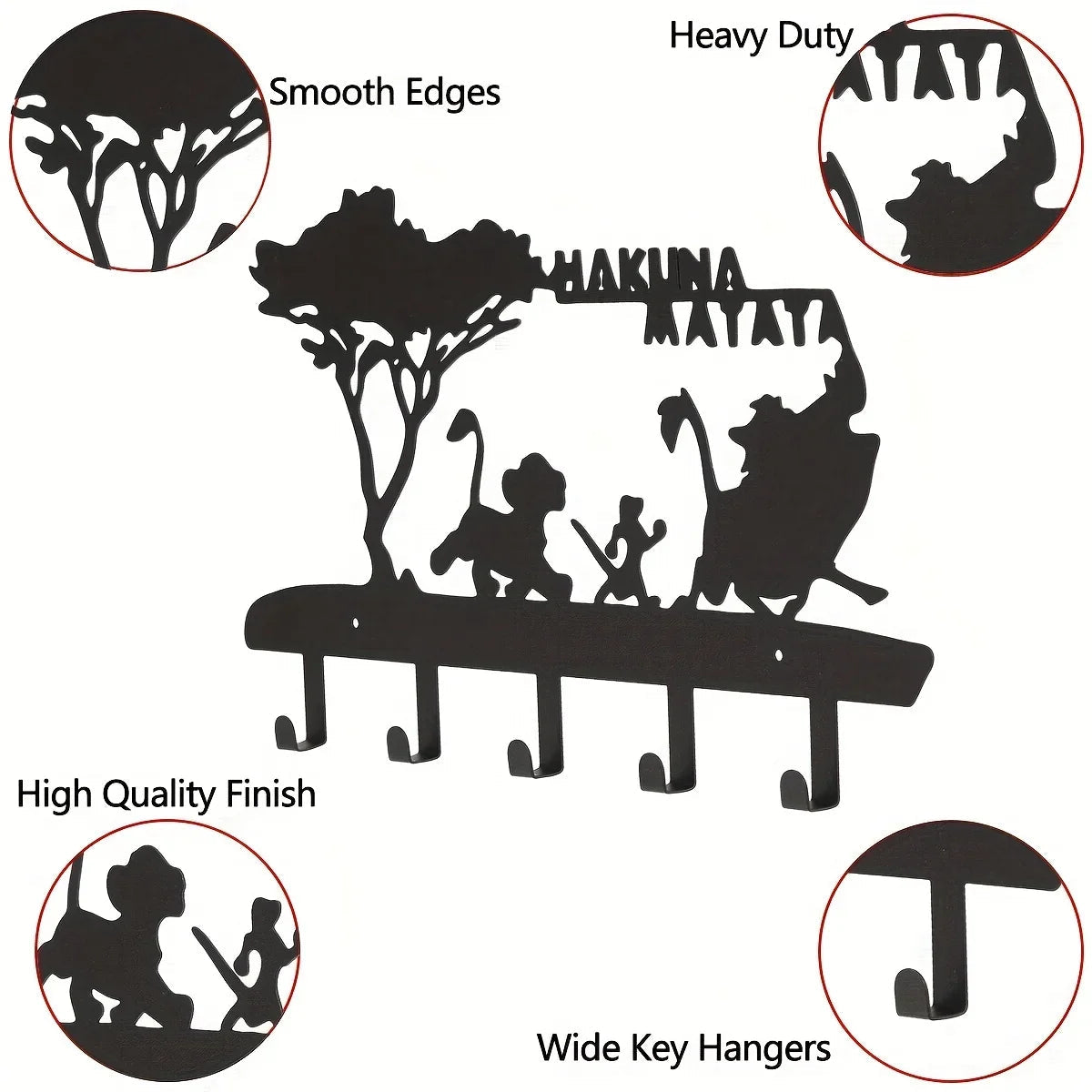 KeyLuma Wand-Schlüsselhalter | Metall Schlüsselbrett mit 5 Haken | Schwarzer Wandhaken mit dekorativem Motiv | Robuste Bauweise & Premium-Oberfläche