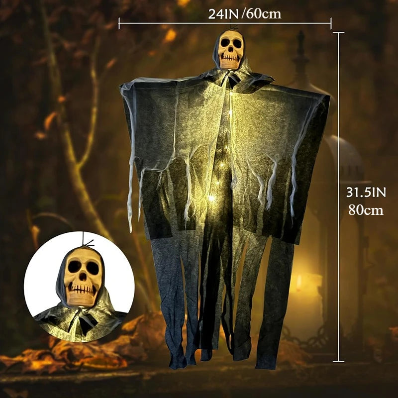 Halloween Dekoration GloomyGhost | LED Leuchtender Schädelgeist | Hängende Figur | 57 × 80 cm