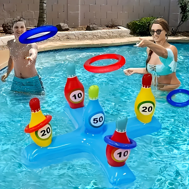 AquaStrike Wasser-Bowlingset | Aufblasbar | Bunte Kegel & Wurfringe | Für Pool & Strand