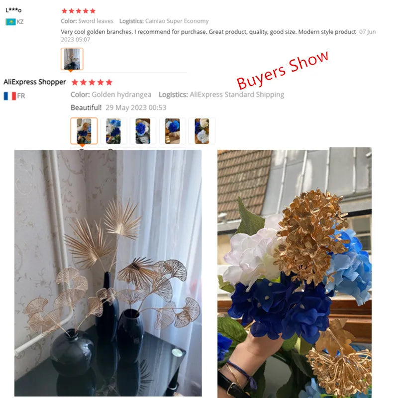 Aurivelle Gold Kollektion | Künstliche Palm-, Ginkgo- & Eukalyptusblätter mit Rosen & Hortensien | Anspruchsvolle Dekorationsblumen für Hochzeit & Zuhause