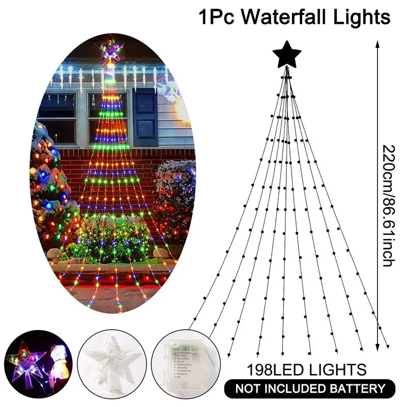 LED Stern Wasserfall StellaCascade | 198 LEDs | 2,2 m | Warmweiß / Weiß / Mehrfarbig | USB- und Batteriebetrieben | Weihnachts- & Silvesterdekoration