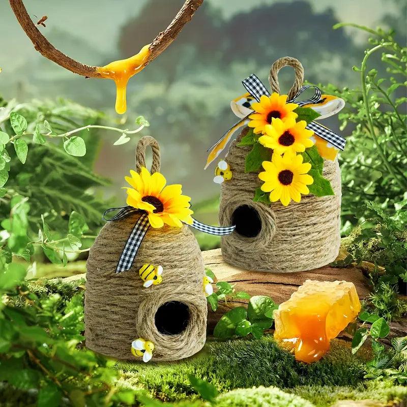 Buzova Hänge-Bienenhaus | Naturdeko mit Sonnenblumen | Aus Hanfseil | Wetterfest