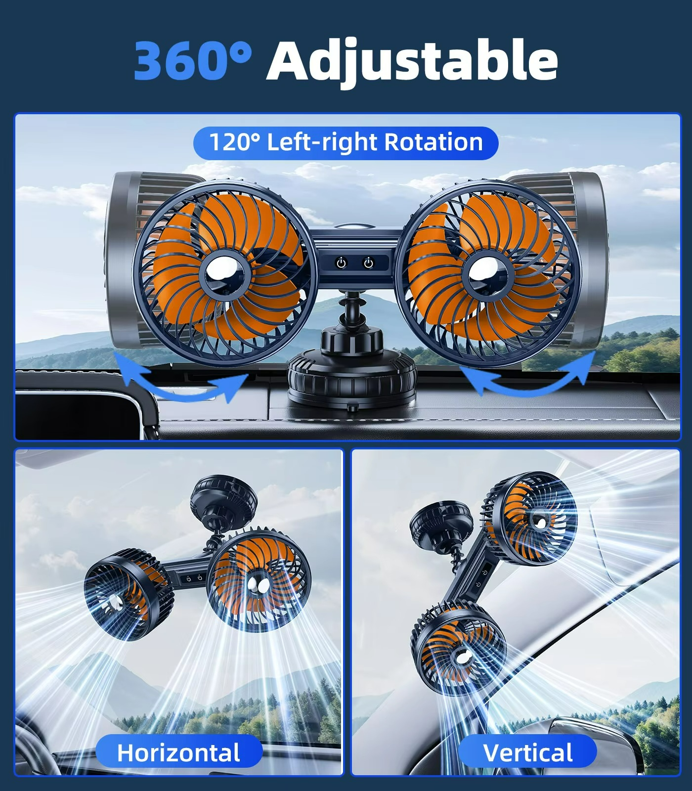 Ventoro DuoFlow | Kabelloser Auto-Ventilator | Doppelkopf-Design | 4000 mAh Akku