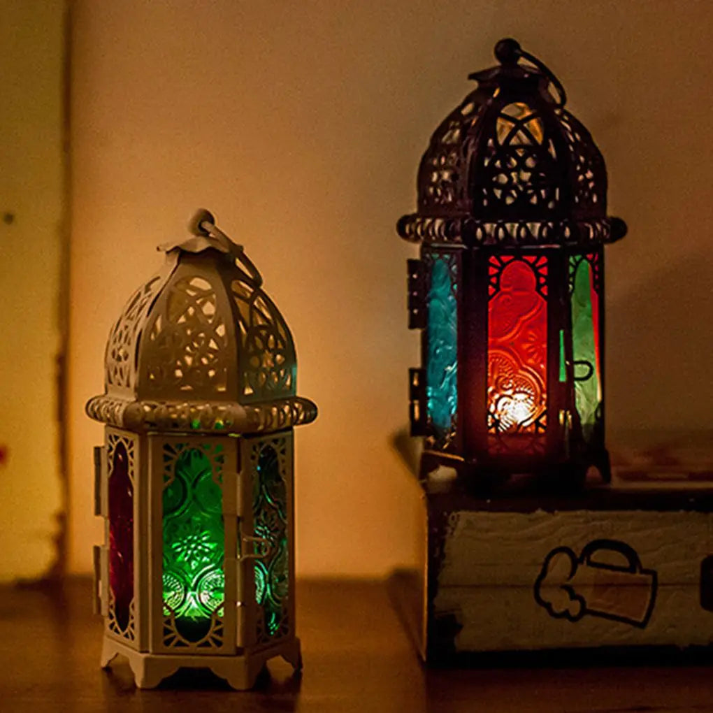 Marrakesch Glow | Marokkanischer Glas-Kerzenhalter | Handgefertigtes Eisen & Kristallglas | Orientalische Hängelaterne