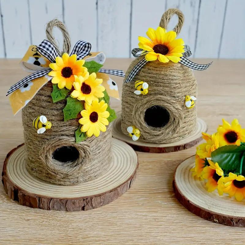 Buzova Hänge-Bienenhaus | Naturdeko mit Sonnenblumen | Aus Hanfseil | Wetterfest