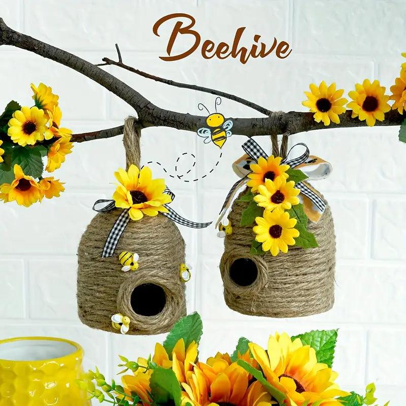 Buzova Hänge-Bienenhaus | Naturdeko mit Sonnenblumen | Aus Hanfseil | Wetterfest