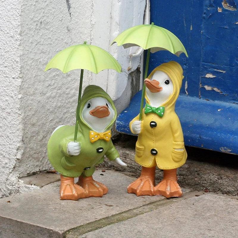 2-teiliges Enten-Gartenfiguren-Set | Handbemalt | Wetterbeständiges Harz | 12x6 cm