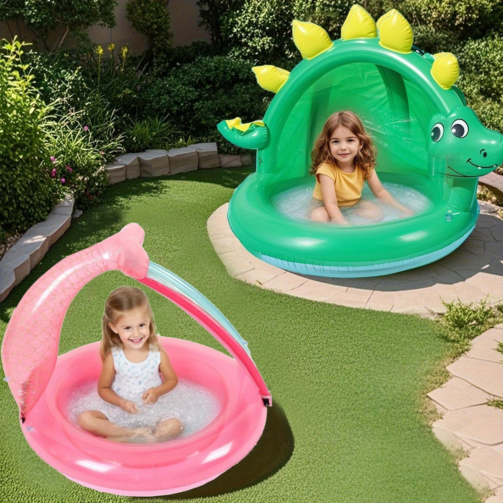 AquaDino Planschbecken mit Sonnendach | Sicherer & Tragbarer Badespaß | Für Kinder im Garten & Strand