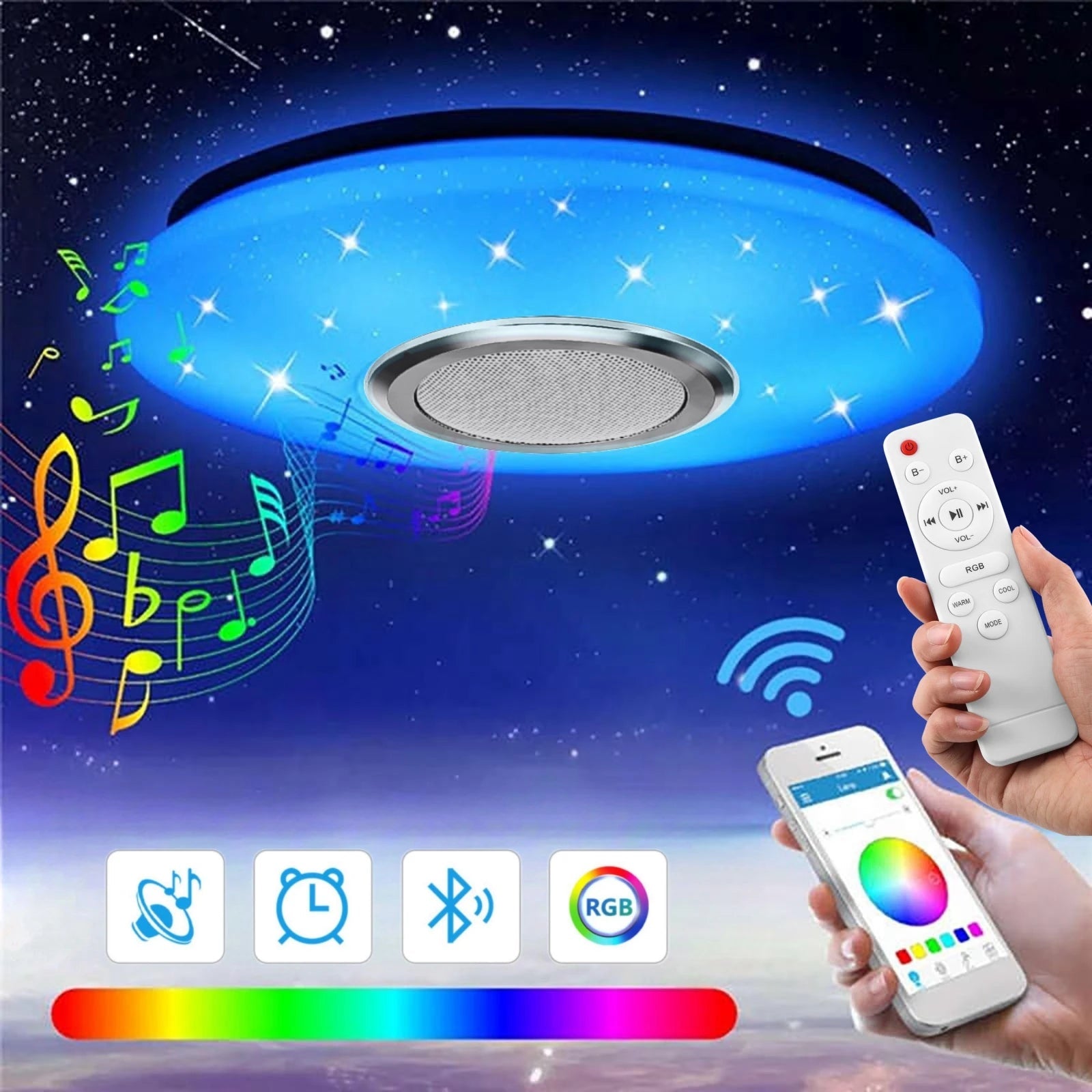Auralite Smart Deckenleuchte | RGB LED Deckenleuchte | Bluetooth Lautsprecher & Fernbedienung inklusive | Dimmbar mit App-Steuerung | 36W
