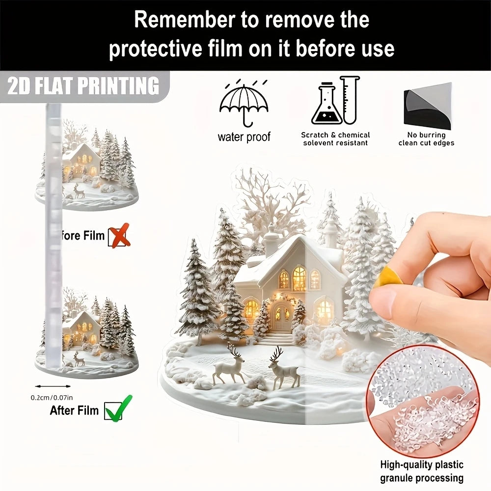 ArcticGlow | Acryl-Weihnachtsschmuck | Schneedorf mit Rentierszene | Flacher 2D-Stil