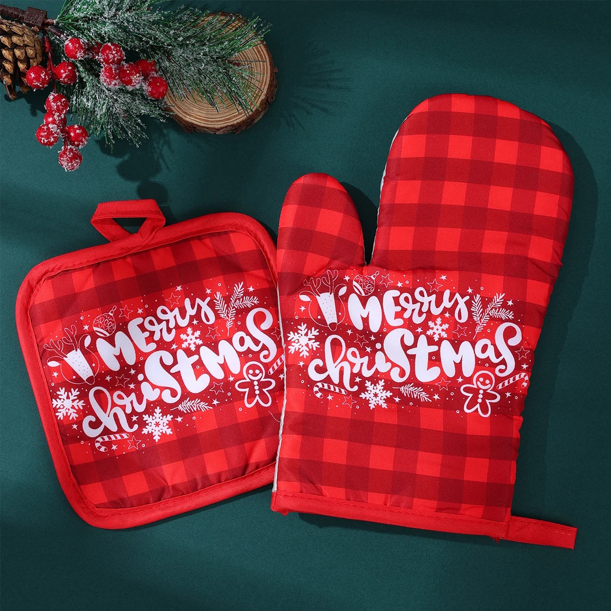 HollyHeat Ofenhandschuhe Duo | Festliche Weihnachts-Backhandschuhe | Hitzebeständige Küchenhandschuhe für Weihnachten und Neujahr