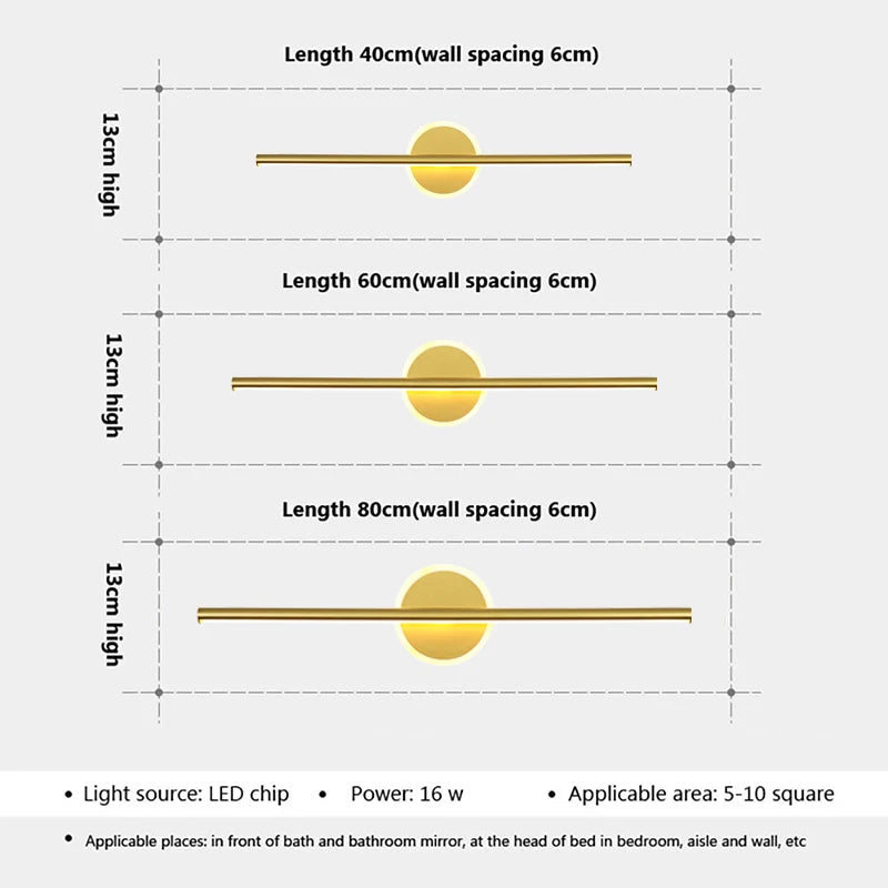 LED-Wandleuchte LineaLux | Schwarz und Gold | 40/60/80 cm | Warm-, Kalt- & Dreifarbenbeleuchtung | Zeitgenössische Spiegel- & Wandleuchte
