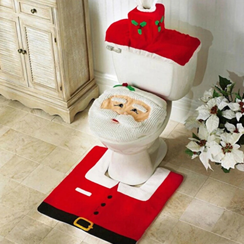 Noeliva | Weihnachts-Toiletten-Set | 3-teiliges Design mit Weihnachtsmann | Humorvolle Toilettendekoration mit Badematte & Spülkastenbezug | Weihnachtsdeko 2024