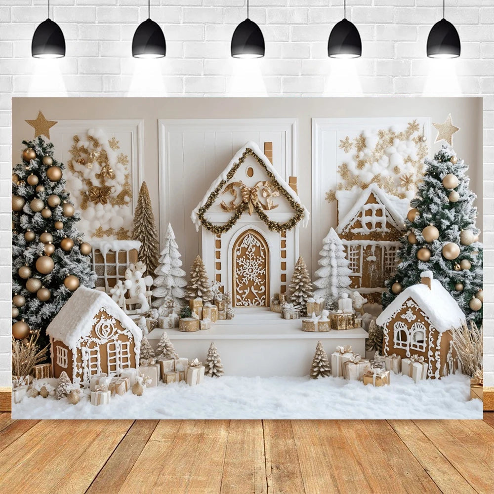 Holvinea | Weihnachts-Fotohintergrund | Miniatur Weihnachtshaus und Baum | Familien- & Kinderportrait-Dekor | Vinyl/Polyester/Velours | 300×200 cm