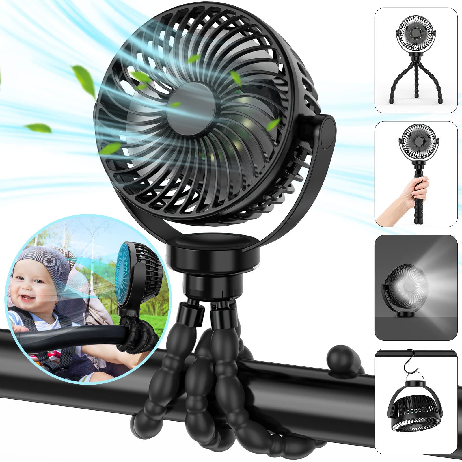 BreezeX | Akku-Ventilator 8000mAh | Tragbar, 360° drehbar & mit LED-Nachtlicht | 27 Std. Laufzeit